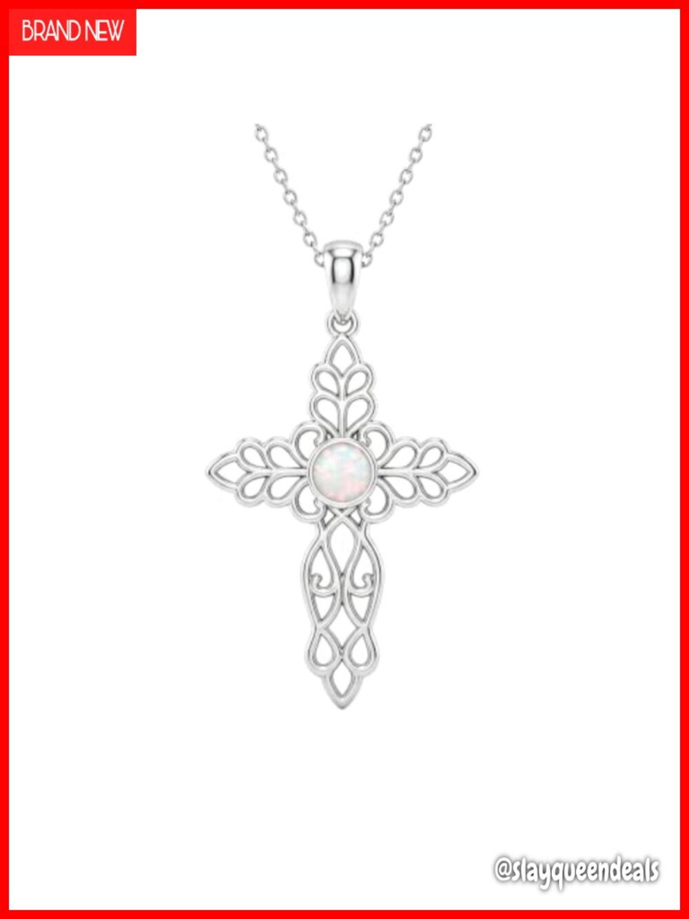 Sterling Silver Opal Moissanite Cross Pendant Necklace Dainty Gift for Women